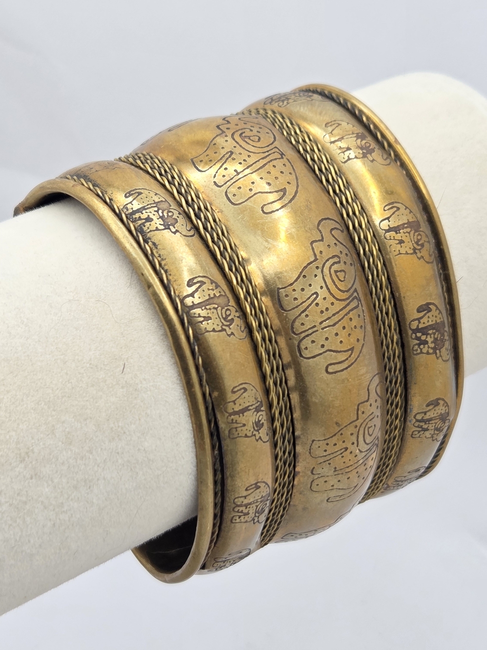 Vintage Brass Elephant Cuff Bracelet Wide Etched Tribal Boho
